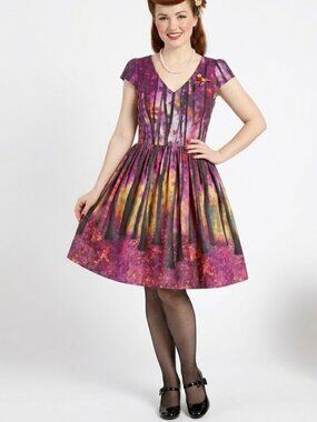 ModCloth Fit and Flare Autumnal Print Enchanted Forest Dress size XS Pinup Hoco